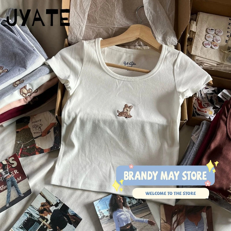 Little Deer Embroidery Crop Tops Women New Cotton Soft Casual Simple Cute Slim Short Sleeve Tees Preppy Style Sweet T-shirts Y2K