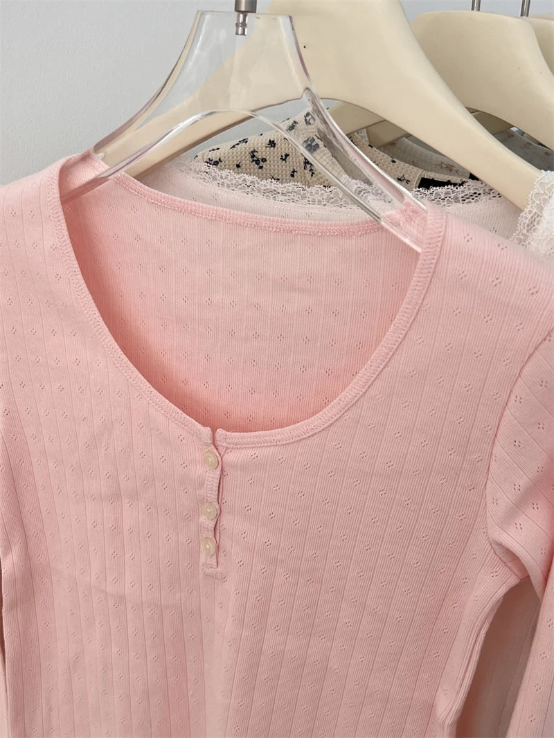 White Hollow Out T-shirts Women Cotton Soft Slim Raw Trim Crew Neck Long Sleeve Tops Clean Girl Vintage Cute Sweet Tees Clothes