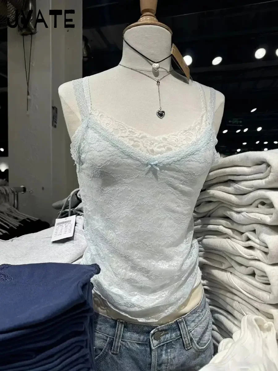 Solid Sexy Lace Sheer Bow Crop Camisole Women New Streetwear Slim Smock Preppy Style Sleeveless Vest Vintage Sweet Tank Tops Y2K