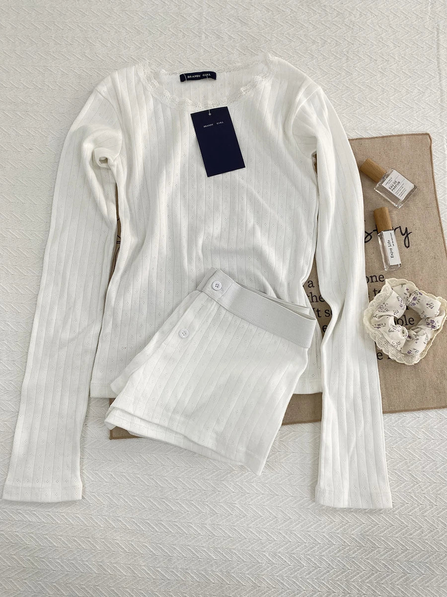 Sweet Eyelet Long Sleeve T-shirt Shorts Set Women Cotton Buttons Home Pajama 2 Piece Sets Slim Tees+Elastic Straight Sweatshort