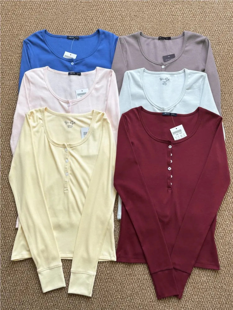 Yellow Ribbed Buttons T-shirt Women Buttons O-Neck Cotton Slim Long Sleeve Tee Cute Vintage Preppy Style Sweet T Shirt Y2K Top