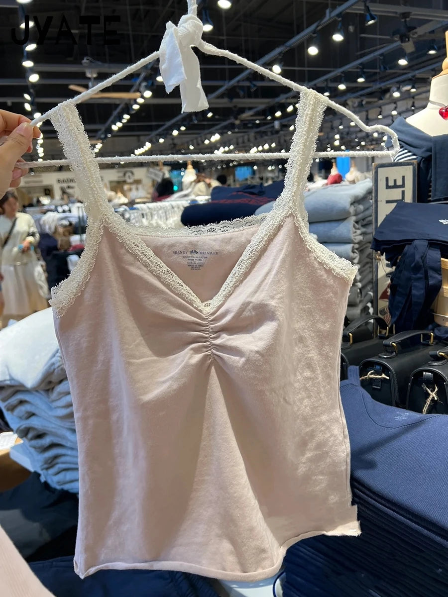 Lace Trim Pink V-neck Tank Tops Women Summer New Cotton Soft Sexy Streetwear Sleeveless Vests Sweet Vintage Casual Camisole Y2K