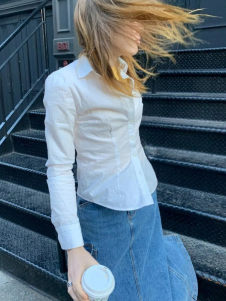 White Buttons Slim Blouse T-shirts Women Summer Casual Turn down Collar Long Sleeve Tees Cute Sweet Preppy Style Y2K Crop Tops