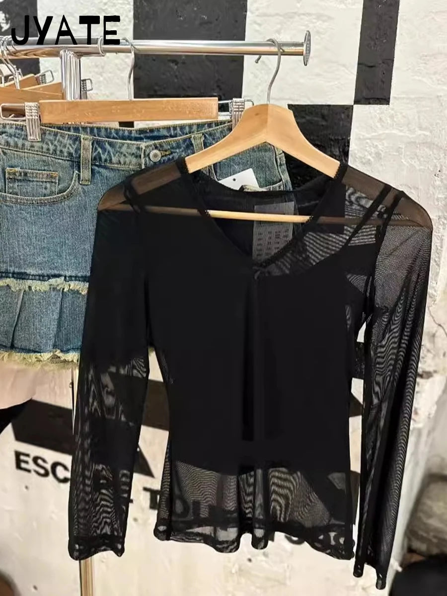 Sexy See-through Black Long Sleeve Tees Smock Women Summer New Bow V-neck Slim Tops Clothing Vintage Chic Harajuku T-shirts Y2K