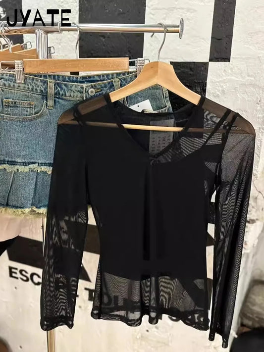 Sexy See-through Black Long Sleeve Tees Smock Women Summer New Bow V-neck Slim Tops Clothing Vintage Chic Harajuku T-shirts Y2K