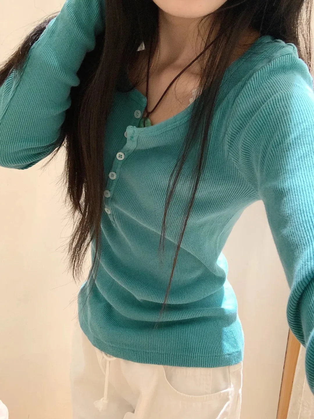Green Vintage Ribbed Long Sleeve Tee Women's Autumn Six Button Cotton Casual Patchwork Slim T-Shirts Simple Chic Streetwear Tops