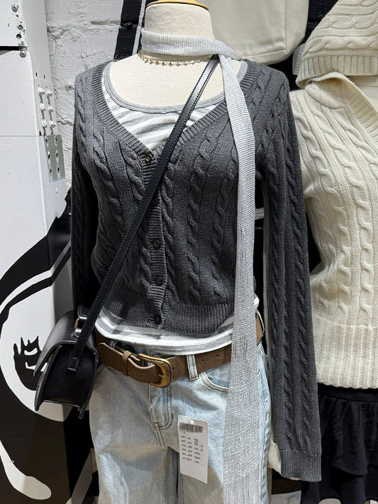 Gray Twist Cardigan Women Spring Streetwear Fashion V-neck Slim Long Sleeve Jumper Tops Vintage Simple Basic Sweaters Coats Y2K
