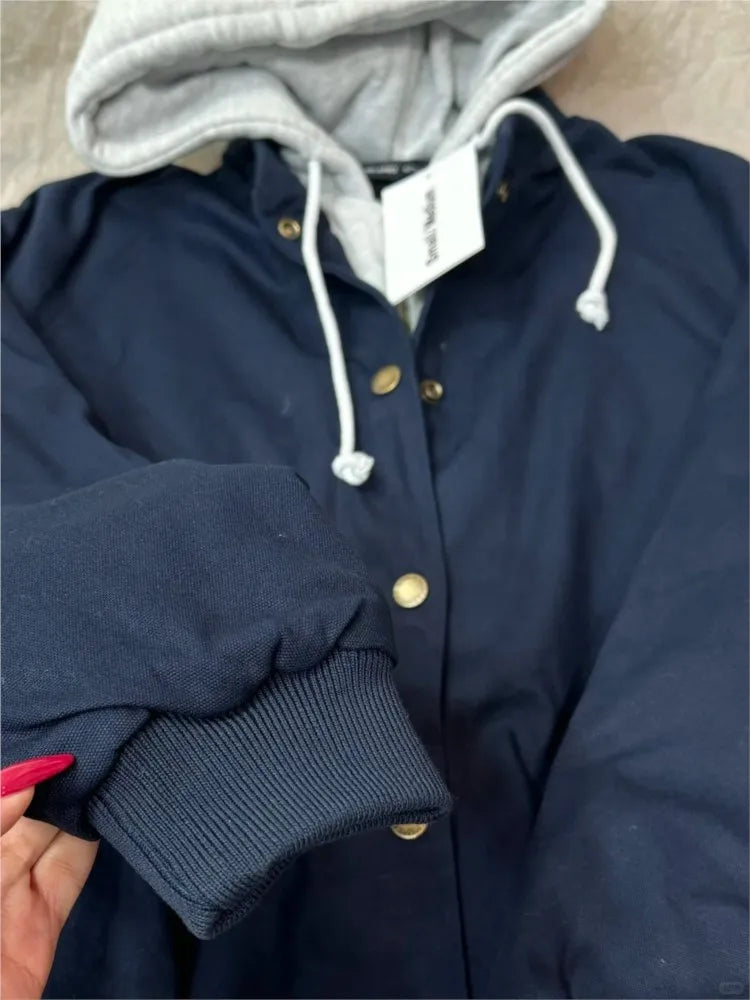 Vintage Fake Two Piece Loose Hoodie Jacket Women New Cotton Thick Warm Drawstring Coat Top Fashion Streetwear Chic Outerwear Y2K