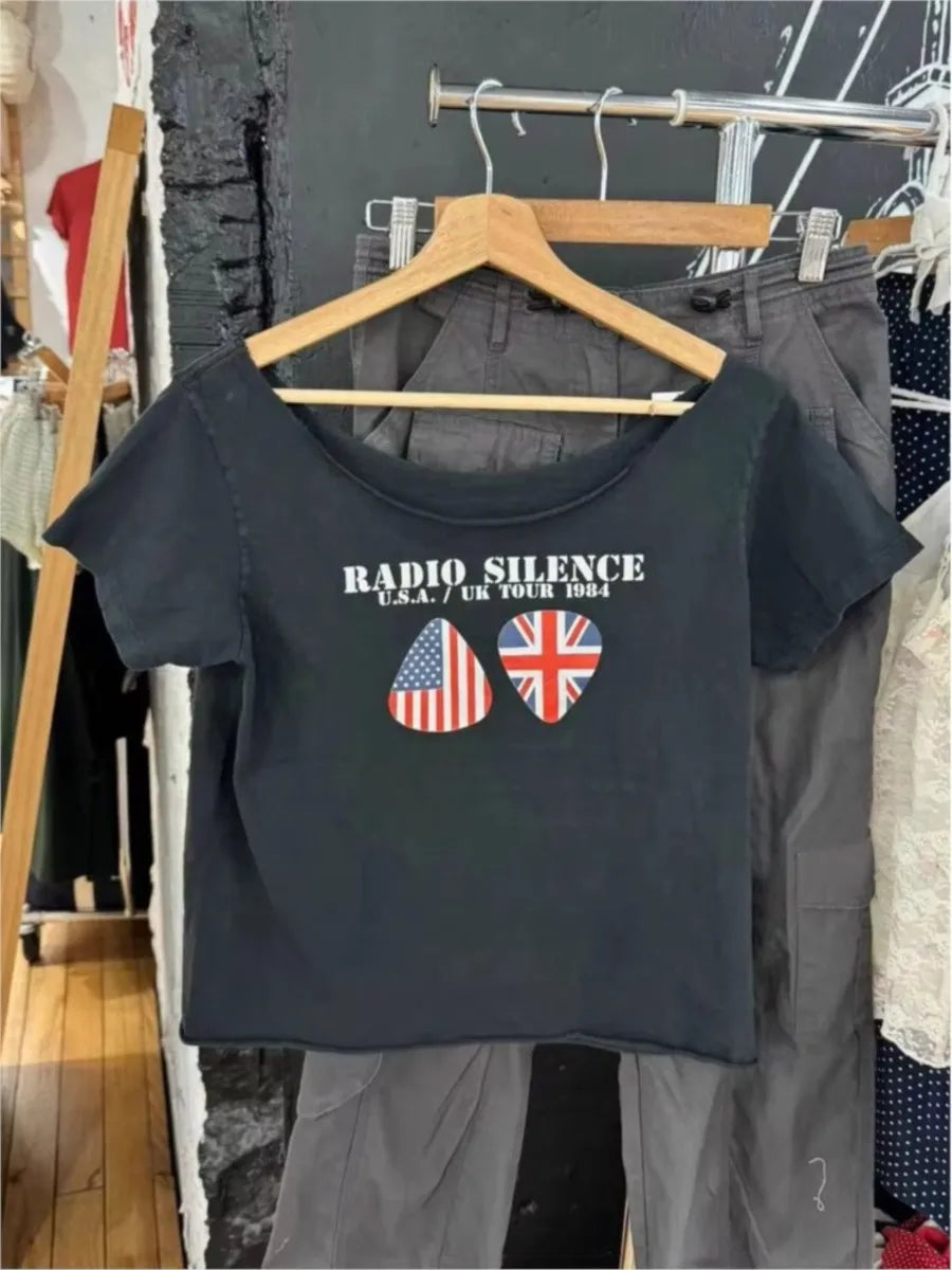 American Letter Print Crop Top Woman New Raw Hem Slash Neck Cotton Short Sleeve Tees Vintage Simple Cute T-shirts Tops Y2k