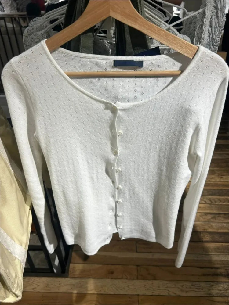 Sweet Buttons White Knitted Cardigan Women Autumn New Casual Streetwear Long Sleeve Sweater Coat Cute Simple Basic Sweaters Tops