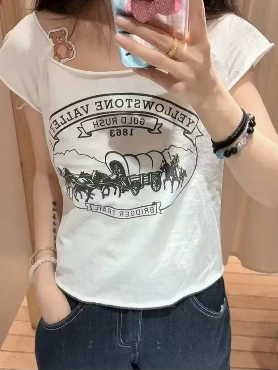 Carriage Print Slash Neck Crop Tops Women New Cotton Slim Streetwear Raw Hem Short Sleeve Tee Harajuku Vintage Cute T-shirts Y2K
