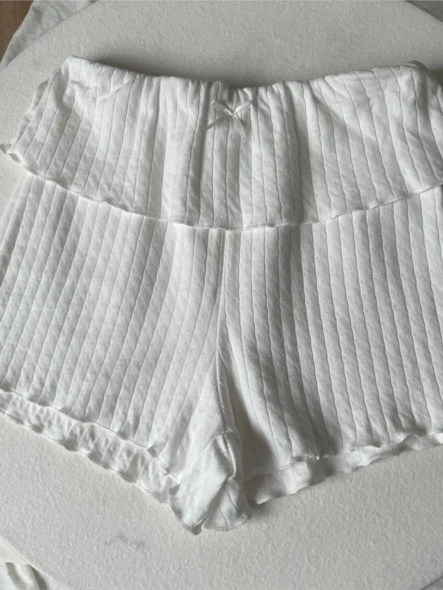 Cute Bow Eyelet Flange Shorts Women Spring Solid Elastic Waist Cotton Straight Short Pants Sweet Home Underwear Y2K Sweatshorts