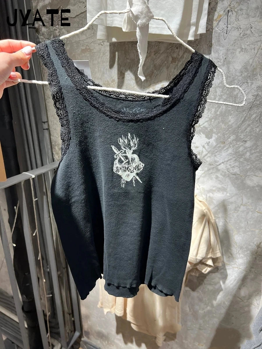 Harajuku Heart Print Lace Trim Tank Tops Women New Cotton Casual Slim Sleeveless Cropped Vests Vintage Chic Streetwear Camisole