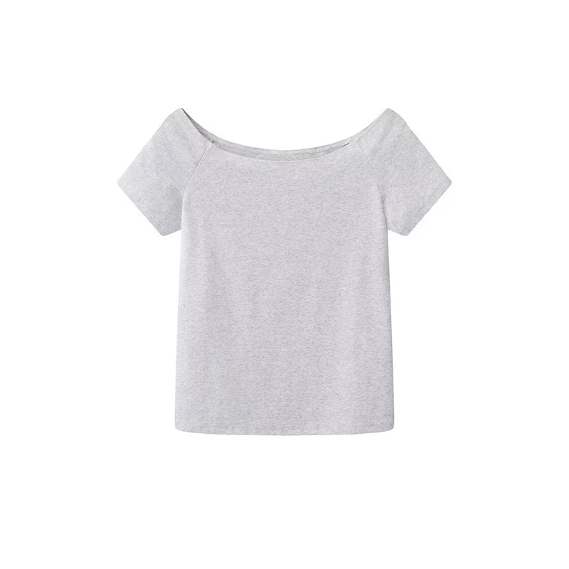 Solid Sexy Slash Neck Short Sleeve Tees Women Summer New Casual Cotton Street Tops Clothes Cute Sweet Preppy Style T-shirts Y2K