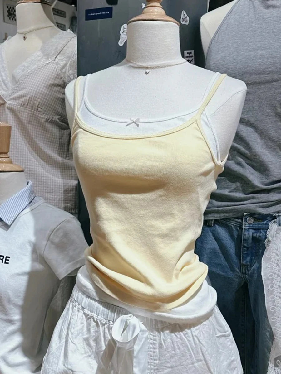 Sweet Solid Lace Trim Slim Tank Top Women Summer Casual Sleeveless Cotton Slim U collar Camis Cute Basic All-match Vest Tops Y2K
