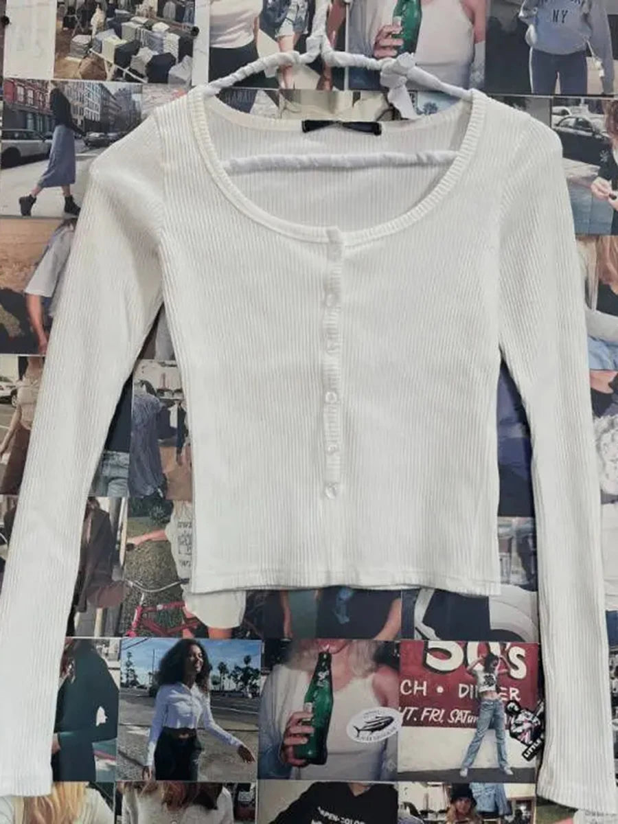 Harajuku Slim Ribbed White Crop Tops Women Button Casual Simple Basic O-neck Long Sleeve Tee Female Sweet Cute Y2K Chic T-shirts