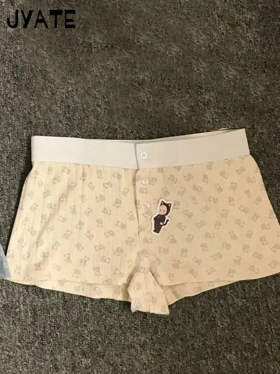 Little Duck Print Patchwork Short Pants Women New Cotton High Waist Buttons Straight Home Underwear Sweet Cute Casual Shorts Y2K