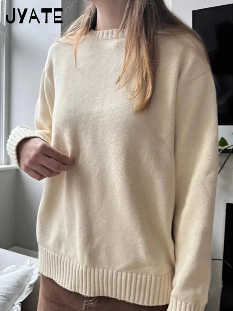 Sweet Solid O-neck Buttons Sweaters Women Autumn Cotton Knitted Simple Basic Pullover Top Female Vintage Casual Chic Jumper Y2K