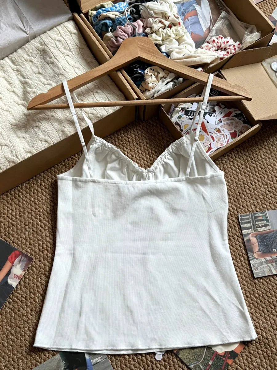Solid Lace Trim V-neck Tank Tops Women Summer Casual Simple Lace-up Cotton Slim Sleeveless Vests Sweet Cute Elegant Camisole Y2K
