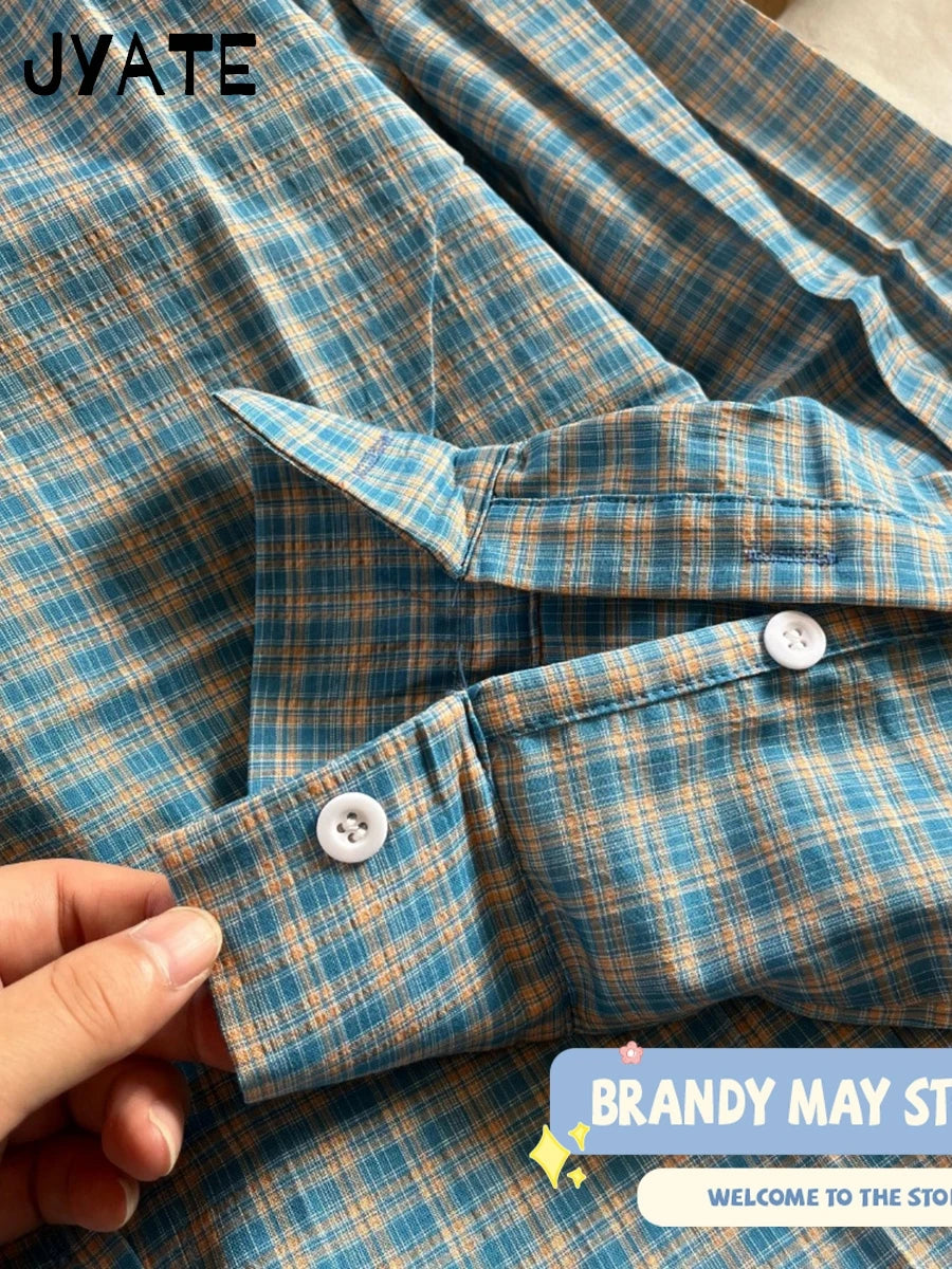 Vintage Plaid Single Breasted Blouse Women New Cotton Casual Turn-down Collar Long Sleeve Tees Chic Preppy Style T-shirts Y2K