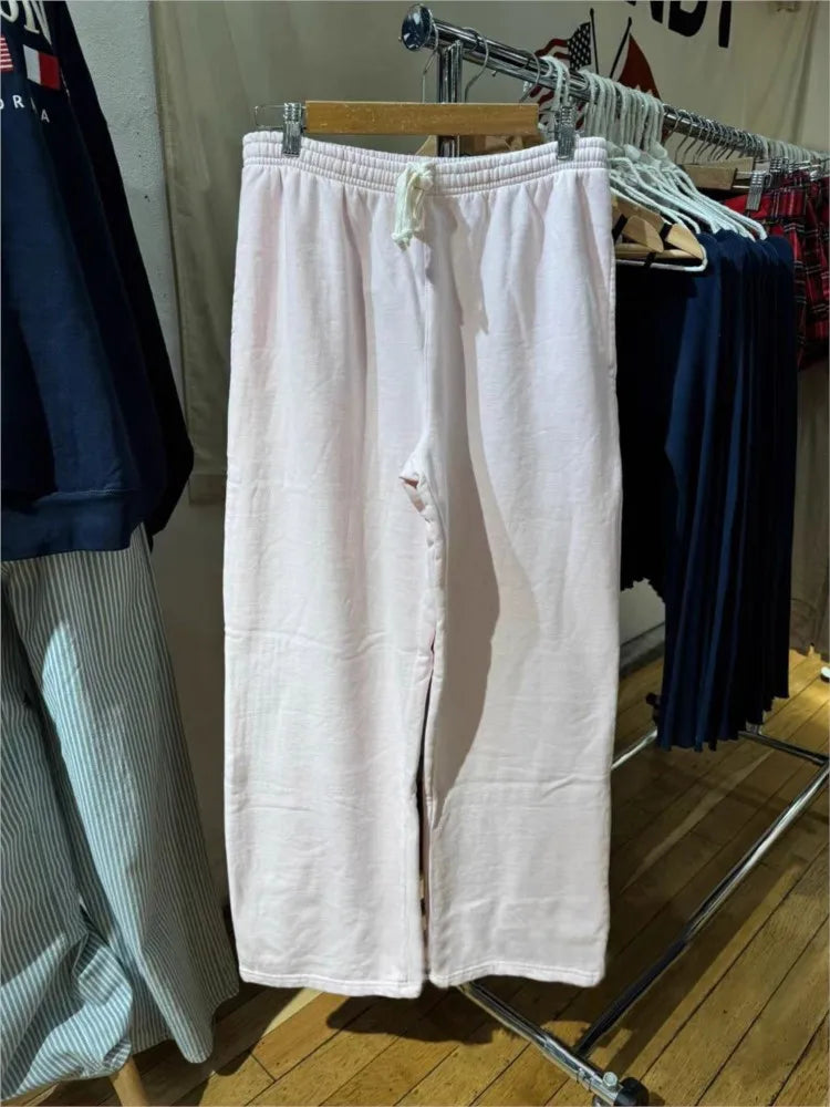 Pink Drawstring Straight Sweatpants Women Autumn Elastic Waist Cotton Loose Trousers Sweet Casual Streetwear Sport Y2K Long Pant