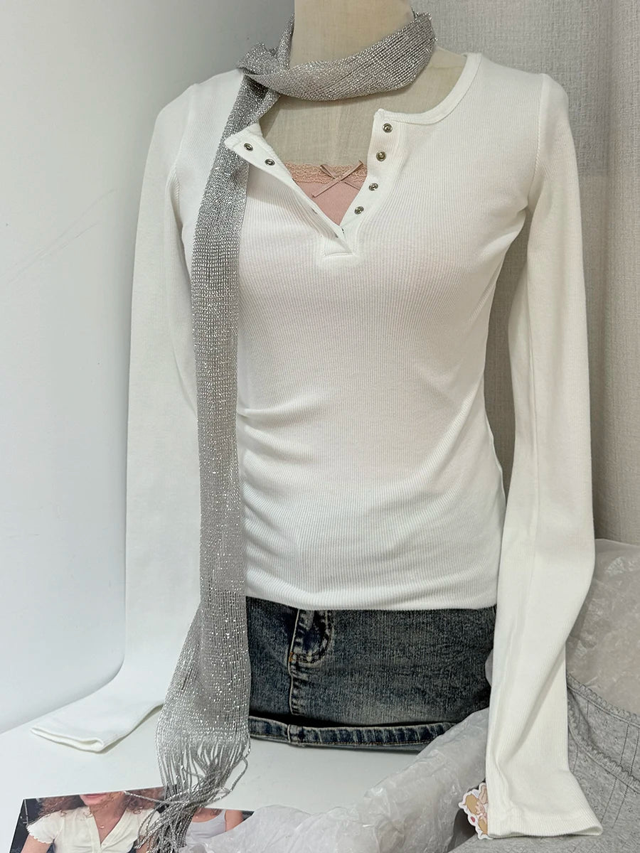 Simple Solid Ribbed Long Sleeve Tees Women Autumn New Cotton O-neck Button Raw Hem Tops Vintage Sweet Basic T-shirts Clothes