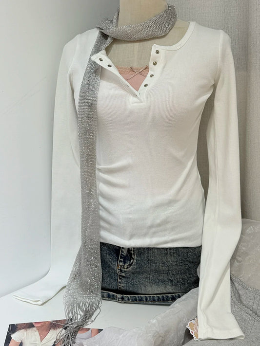 Simple Solid Ribbed Long Sleeve Tees Women Autumn New Cotton O-neck Button Raw Hem Tops Vintage Sweet Basic T-shirts Clothes