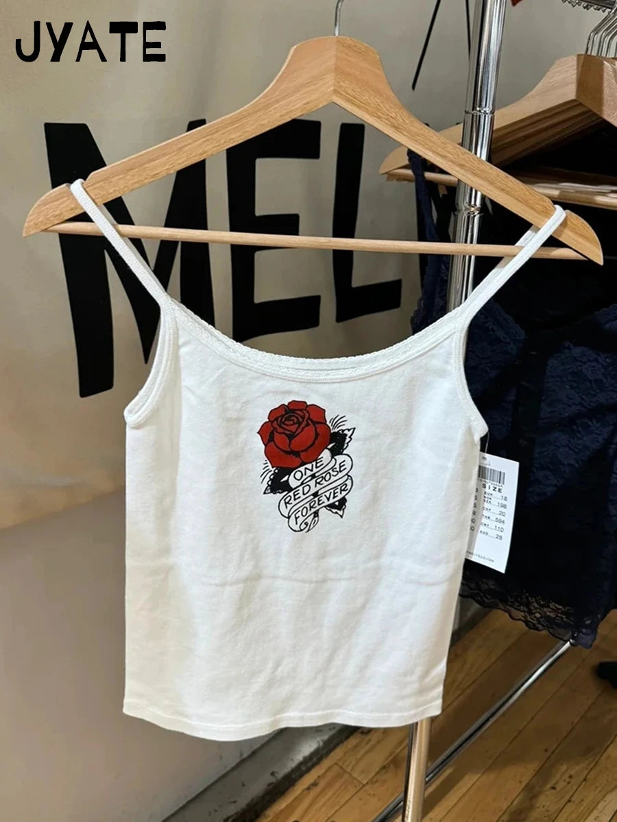 Sweet Rose Print Cotton Soft Tank Tops Women Summer New Casual Streetwear Sleeveless Slim Vests Vintage Chic Cute Camisole Y2K