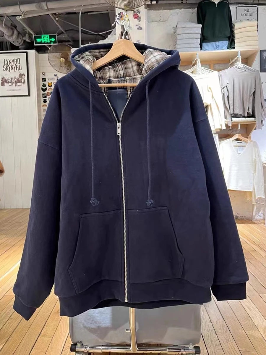 Simple Blue Cotton Oversized Hoodies Coat Women Autumn Casual Pocket Drawstring Zip-up Pullover Sweet Chic Vintage Sweatshirts