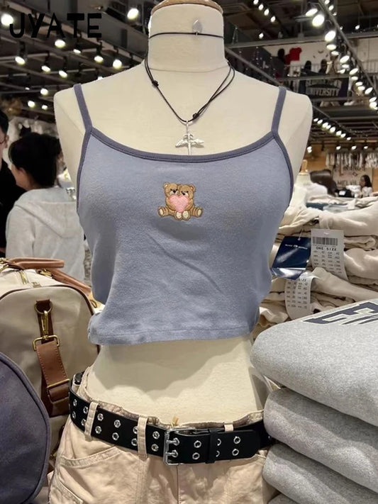 Little Bear Embroidery Blue Patchwork Camisole Women New Preppy Style Casual Slim Sleeveless Vests Vintage Sweet Cute Tank Tops