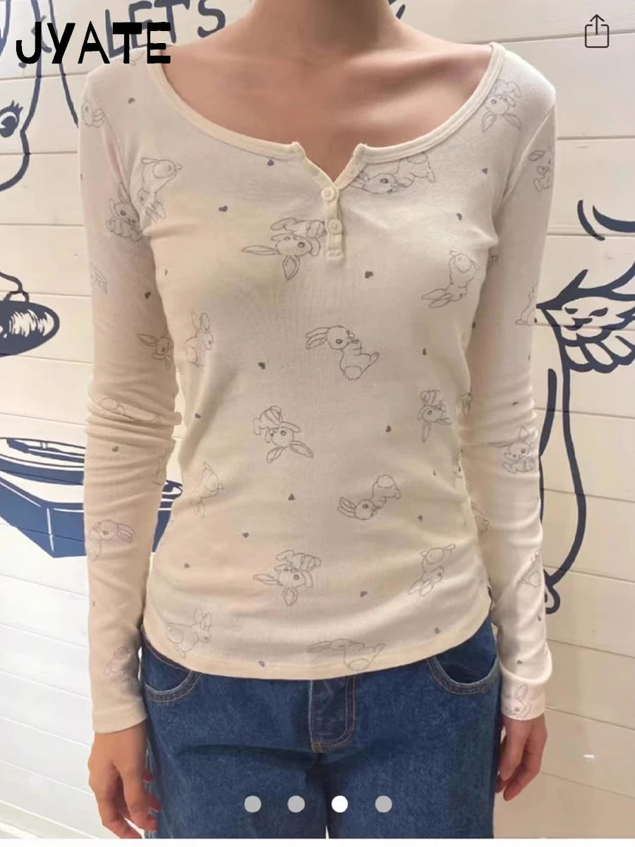 Cute Rabbits Print Button Long Sleeve Tops Women New Cotton Slim Casual Preppy Style Tee Shirt Vintage Sweet Pajama T-shirts Y2K