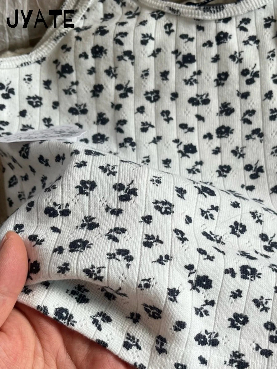 Navy Blue Floral Print Crop Tops Women New Cotton Casual Preppy Style Slim Cropped Sleeveless Vests Sweet Vintage Chic Camisole