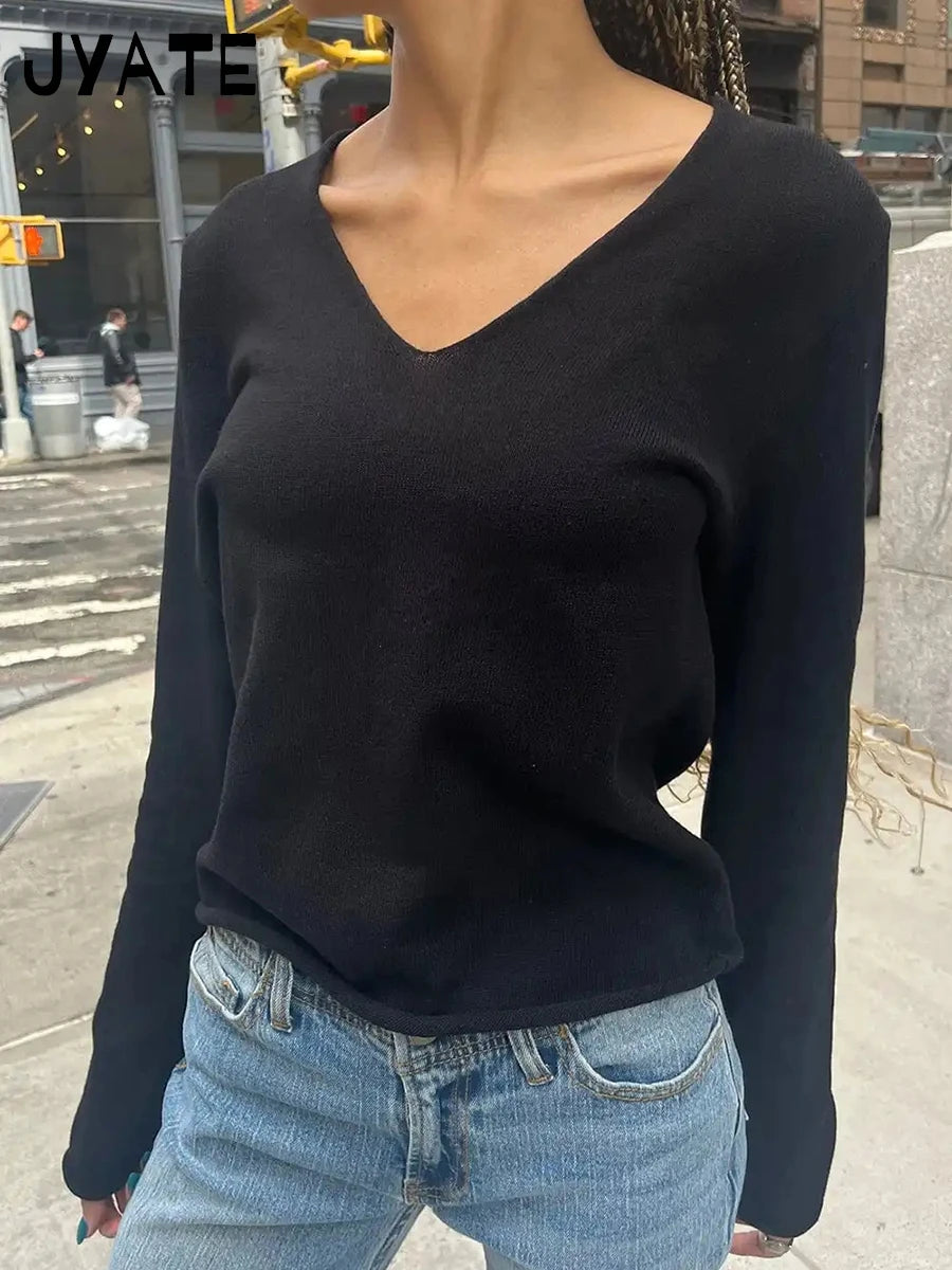 Harajuku Solid Raw Trim V-neck Long Sleeve Tees Women Autumn New Simple Casual Streetwear Tops Sweet Vintage Basic T-shirts Y2K