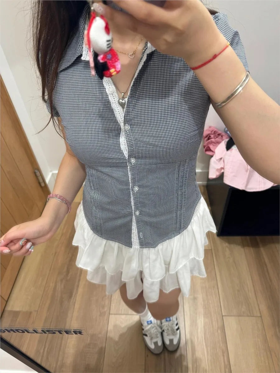 Sweet Lace Trim Plaid Blouse T-shirts Women Summer New Casual Streetwear Single Breasted Tees Vintage Preppy Style Cute Tops Y2K