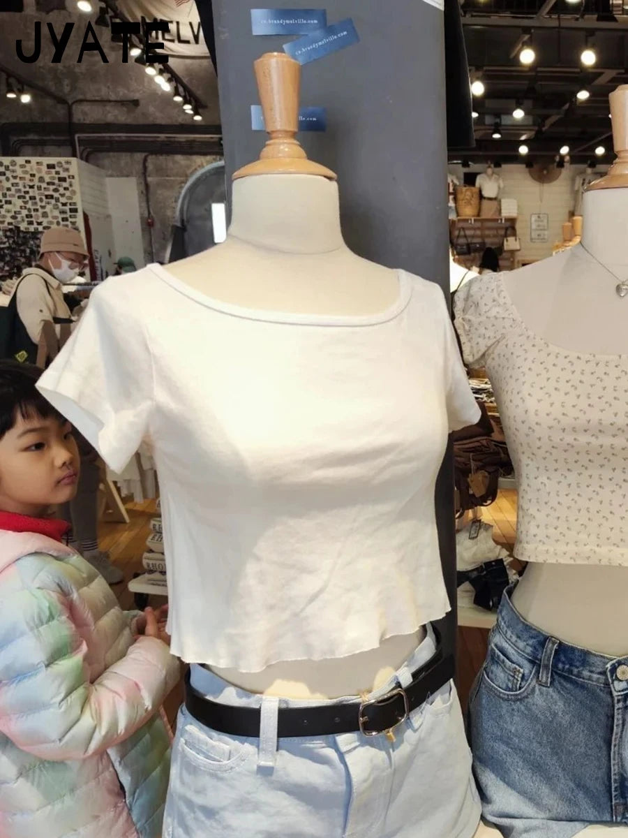 White Raw Hem Simple Crop Tops Women 2024 New Cotton Casual Cute Preppy Style Short Sleeve Tees Vintage Basic Chic T-shirts Y2K
