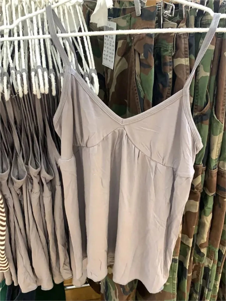 Retro V-neck Gray Camisole Women Summer Casual All-match Streetwear Loose Sleeveless Vests American Simple Camis Y2K