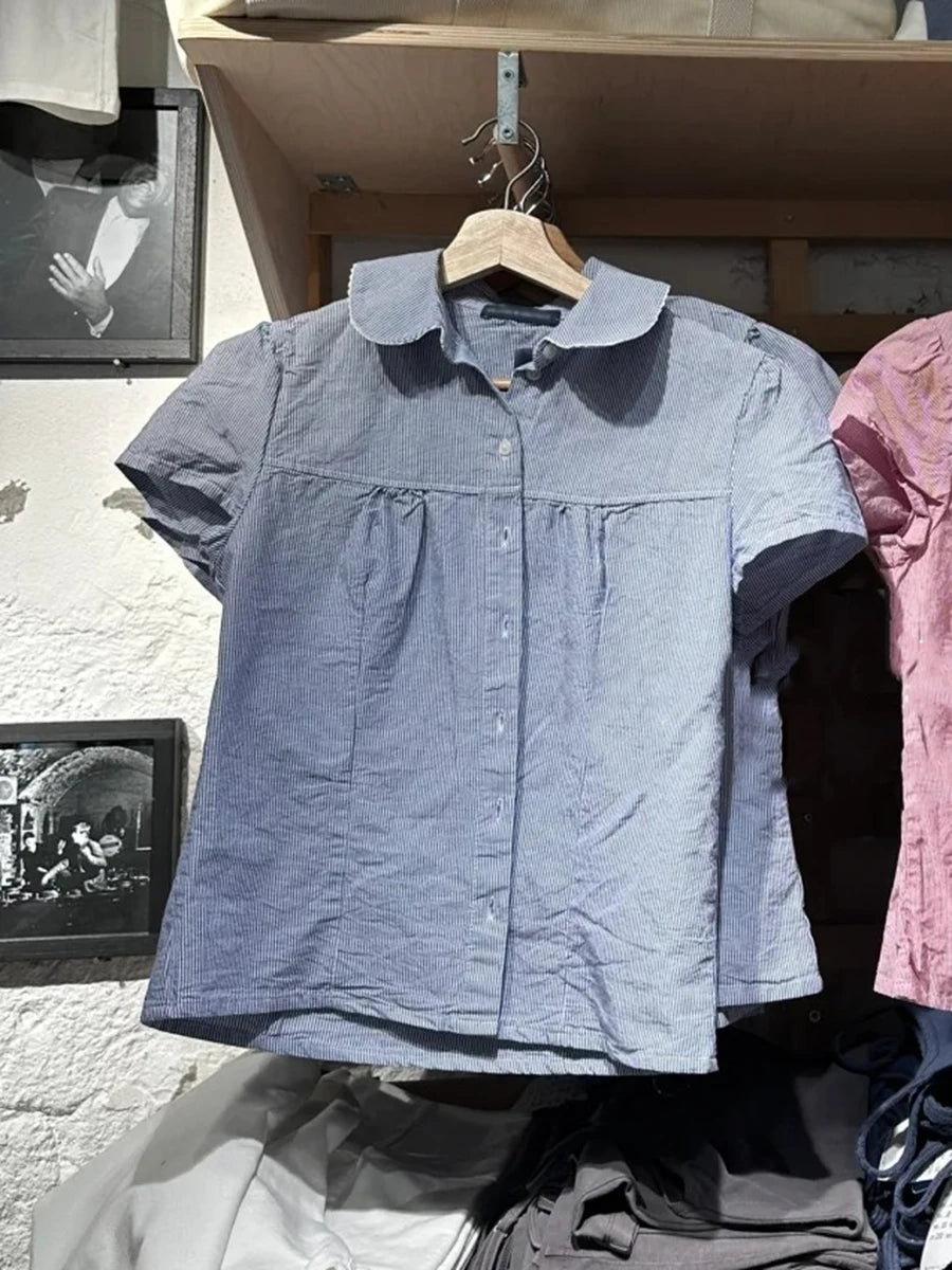 Retro Red Buttons Blouse Women Summer New Streetwear Lapel Short Sleeve Tees Sweet Vintage Cute Preppy Style T-shirts Y2K Tops