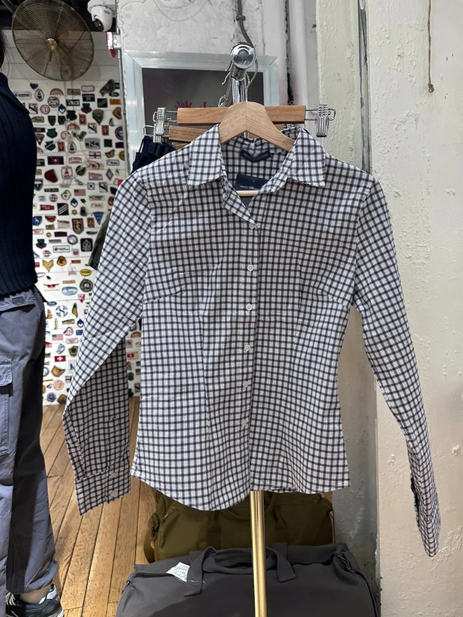 Casual Plaid Buttons Slim Blouse T-shirts Women Turn down Collar Long Sleeve Tees Girls Cute Sweet Preppy Style Y2K Crop Tops