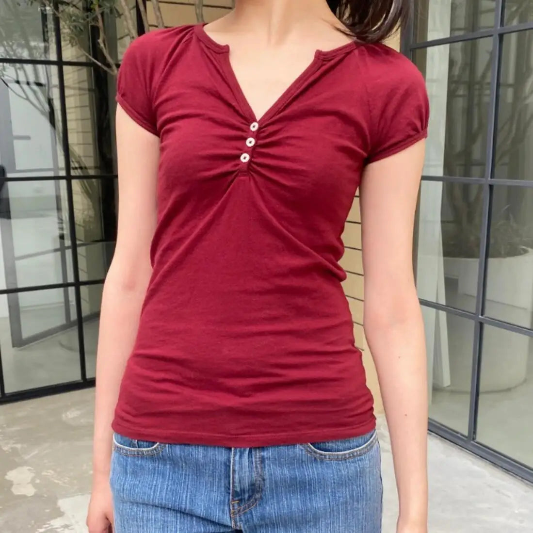 Solid Three Buttons Fold T-shirts Women Summer Streetwear Casual Cotton Slim Short Sleeve Tee Simple Basic Sweet Tshirt Y2K Tops