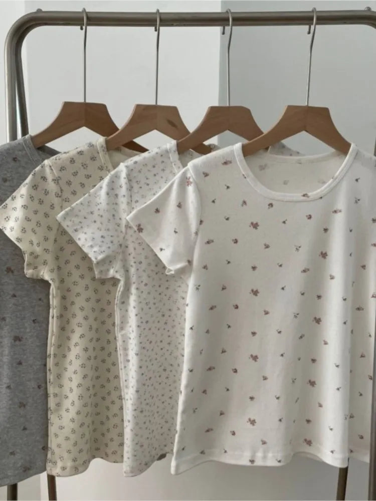 Eyelet Floral Print T-shirt Woman Summer Cotton Basic Round Neck Short Sleeve Tee Shirts Cute Sweet All-match Tshirt Y2K Tops