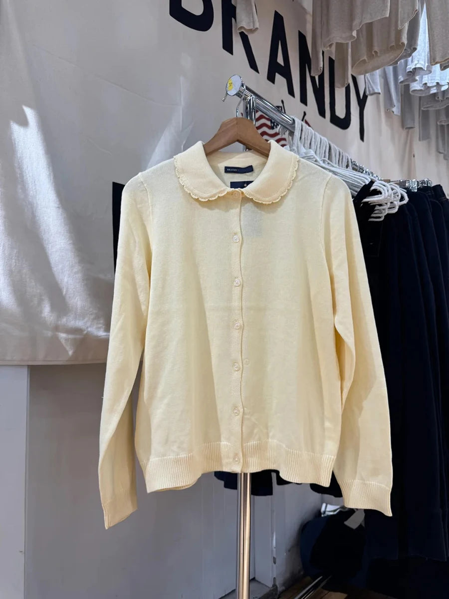 Simple Gray Pocket Babydoll Top Cardigan Women Autumn New Peter Pan Collar Cotton Knitted JumperPreppy Style  Sweet Cute Sweater