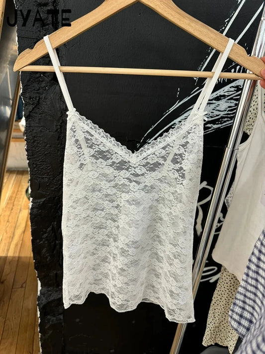 White Lace Bow Transparent Tank Tops Women Summer New Streetwear Sleeveless V-neck Thin Slim Vest Sweet Vintage Sexy Camis Y2K
