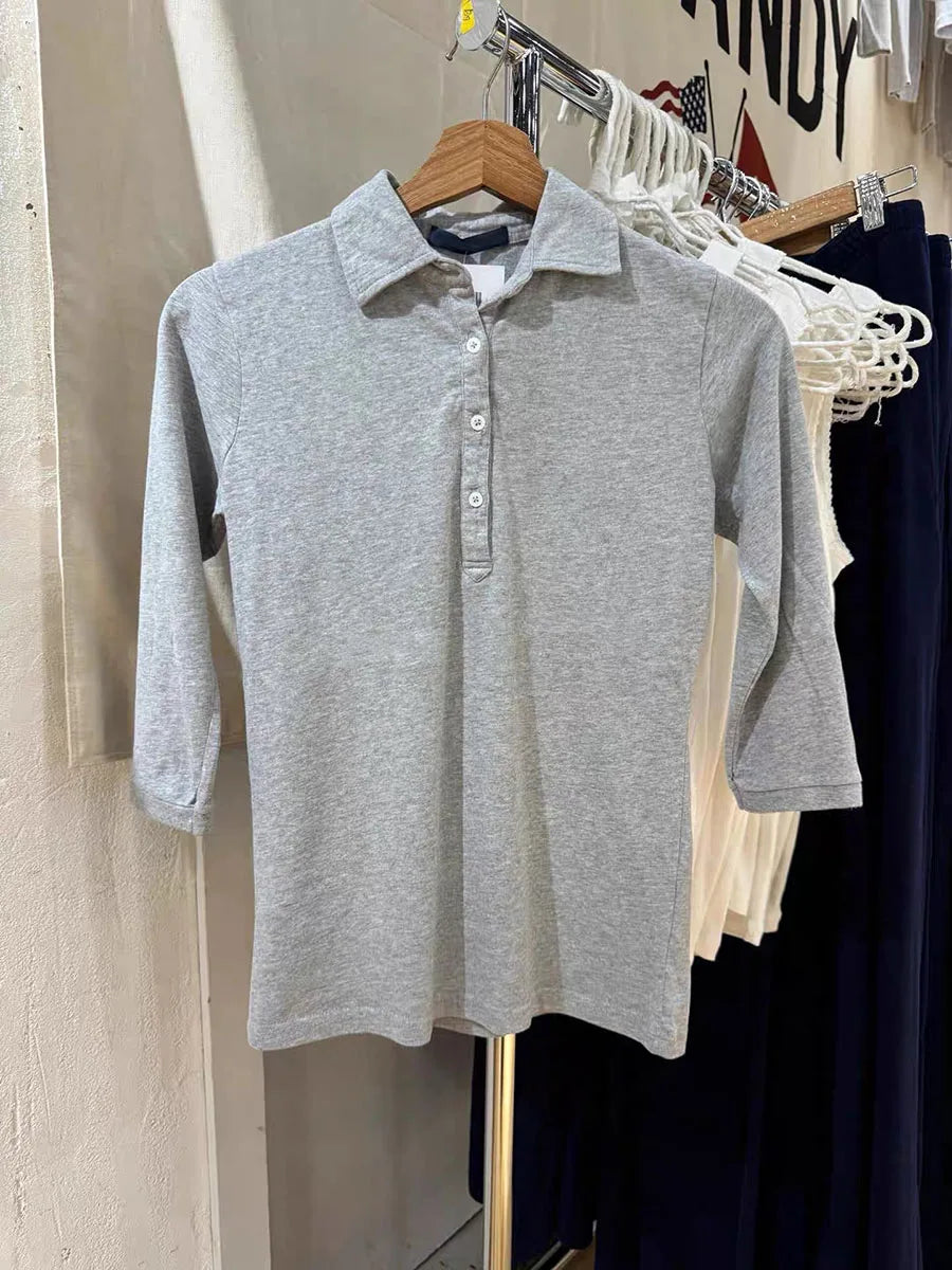 Gray Cotton Half Sleeve Button Tees Women Summer New Casual Turn-down Collar Tops Female Vintage Sweet Preppy Style T-shirts Y2K