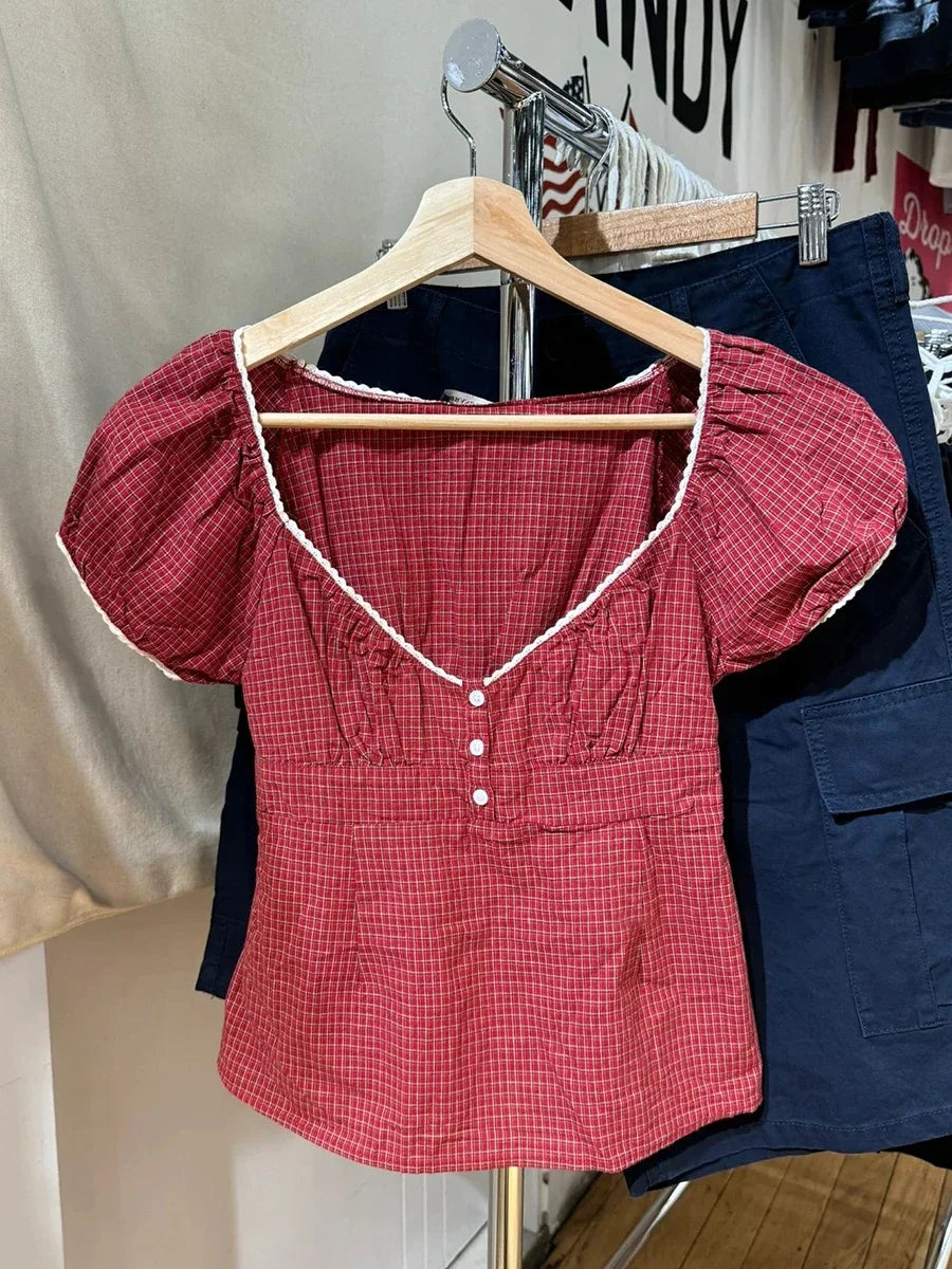 New Red Plaid Slim Tank Top Woman Lace Trim Buttons V-neck Back Lace-up Cotton Camis Summer Vintage Streetwear Sweet Crop Tops