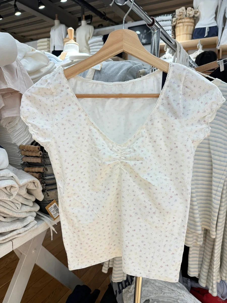 Floral Print Slim V-neck T-shirts Women Bow Sexy Folds Lace Trim Cotton Short Sleeve Tee Shirt Sweet Preppy Style Solid Crop Top