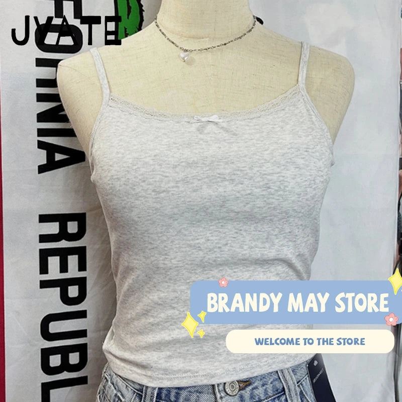 Lace Trim With Chest Pad Tank Tops Women Summer Cotton Casual Bow Slim Sleeveless Cropped Vests Sweet Cute Vintage Camisole Y2K