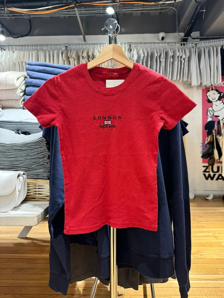 Vintage Red Letter Flag Embroidery Cotton T-shirt Women O-neck Summer Short Sleeve Tee Shirt American Slim Casual Crop Y2K Top