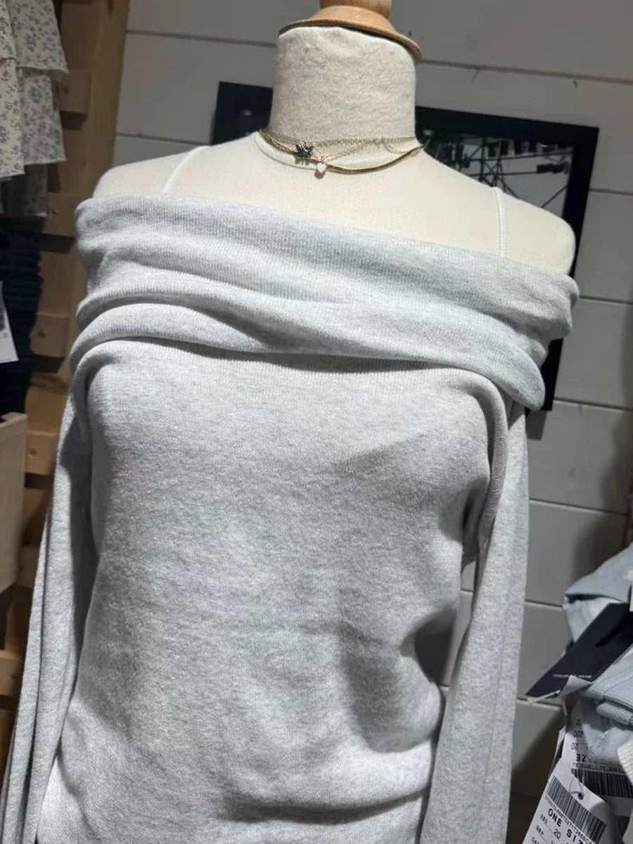 Gray Simple Knitted Long Sleeve T-shirts Women Autumn Soft Cotton Sexy Slash Neck Slim Tees Sweet Streetwear Sweet Tshirts Y2K