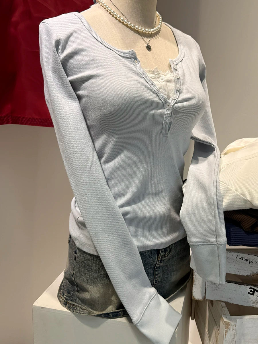Navy Six ButtonsT-shirts Women Autumn New Round Neck Cotton Ribbed Slim  Long Sleeve Tee Top Casual Vintage Chic Tshirt Y2k Tops