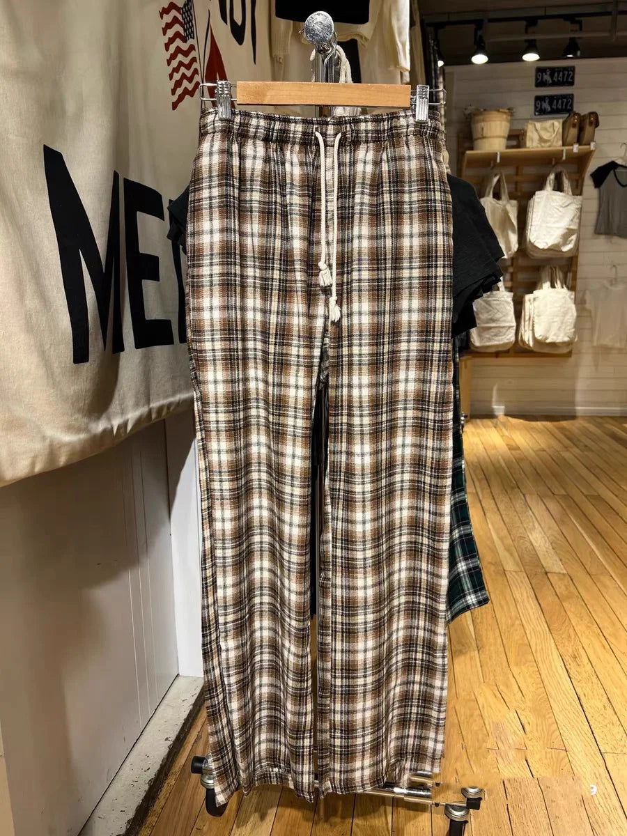 Retro Red Plaid Drawstring Straight Pants Women Autumn Cotton Casual Elastic High Waist Pant Vintage Loose Y2K Baggy Sweatpants